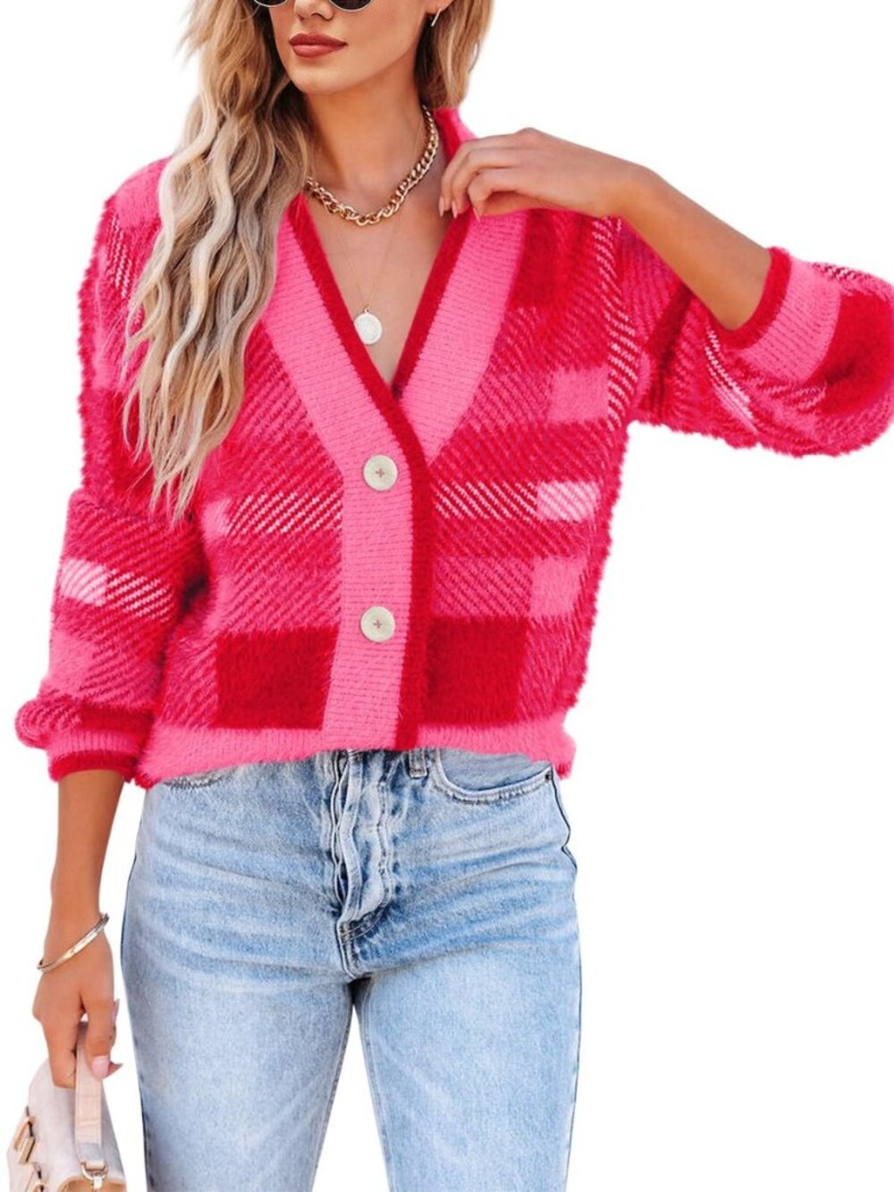 Womens Cardigan Sweaters Plaid Fuzzy Knit V Neck Button Down Long Sleeve Cozy